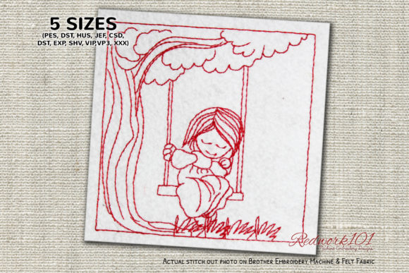 Girl Sitting on the Swing Redwork